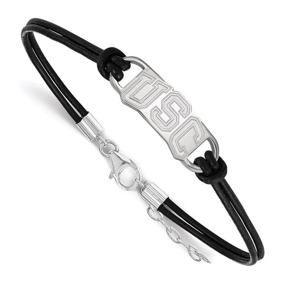 Sterling Silver Rhodium Plated Small USC Leather Bracelet 7 Inch